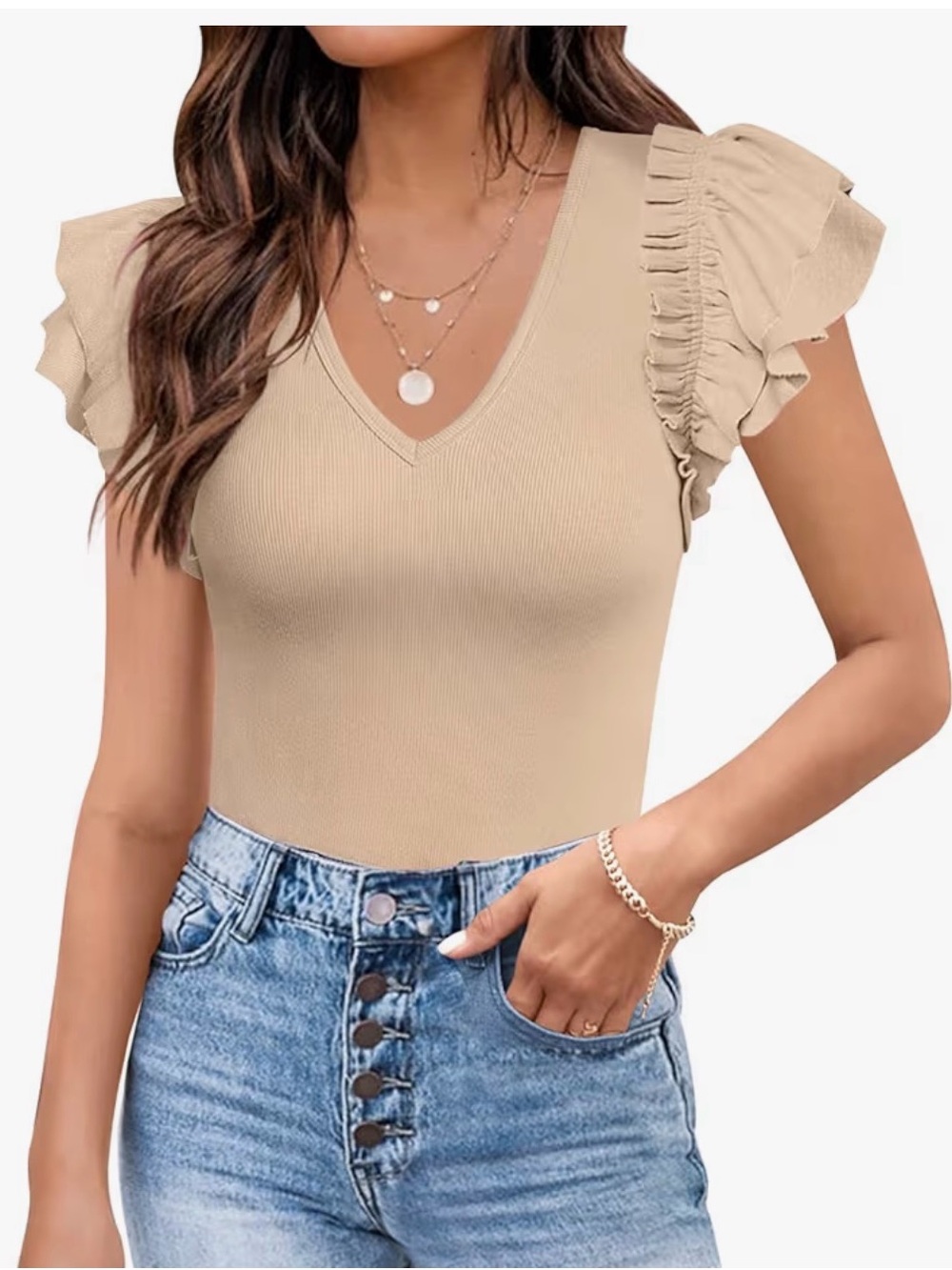 Ruffled Short Sleeve V-Neck Tee in Camel